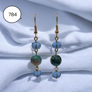 Blue Crystal & Green Stone Bead Drop Earrings – Gold Tone Dangle Jewelry